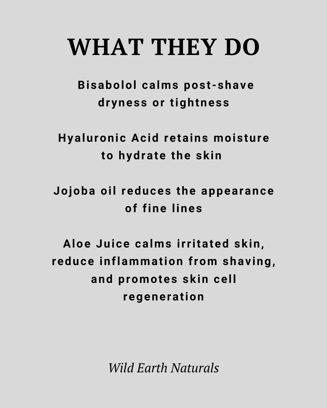 Text detailing the benefits of various skincare ingredients on a light gray background.